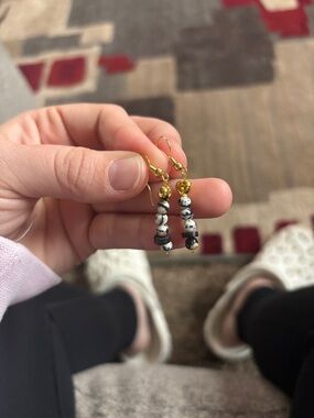 Gold & Dalmatian Jasper Bead Drop Earrings - Women Jewelry